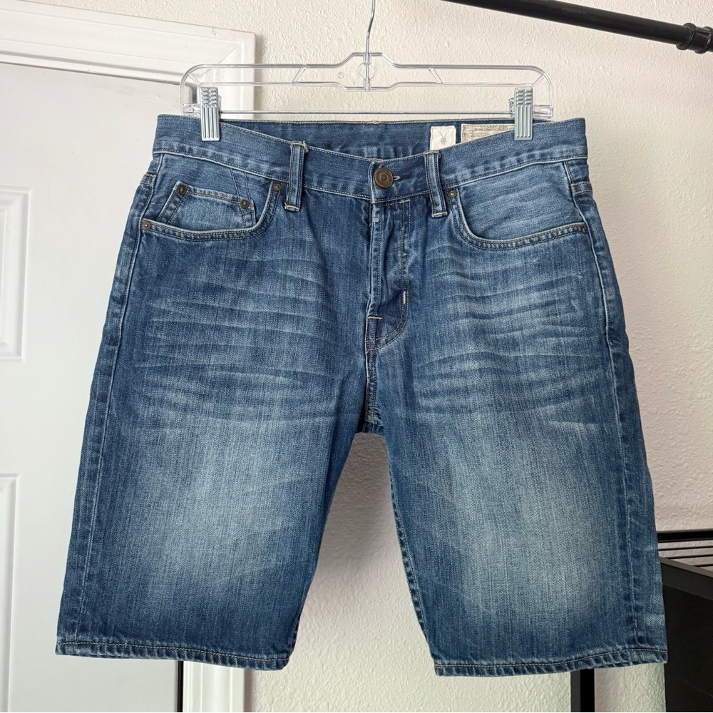 ALL SAINTS men’s blue medium dark wash whiskered cotton slim jorts denim shorts